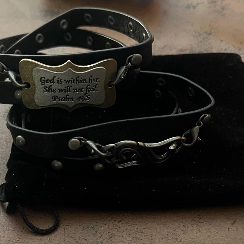 Set of 2 Black Leather Wrap Bracelet with Psalm 46:5 and Double Heart Plate